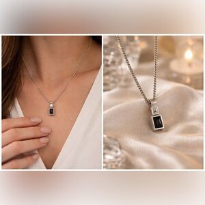 Vintage Liz Claiborne silver tone necklace w/geometric pendant, glossy-stones 🖤🤎